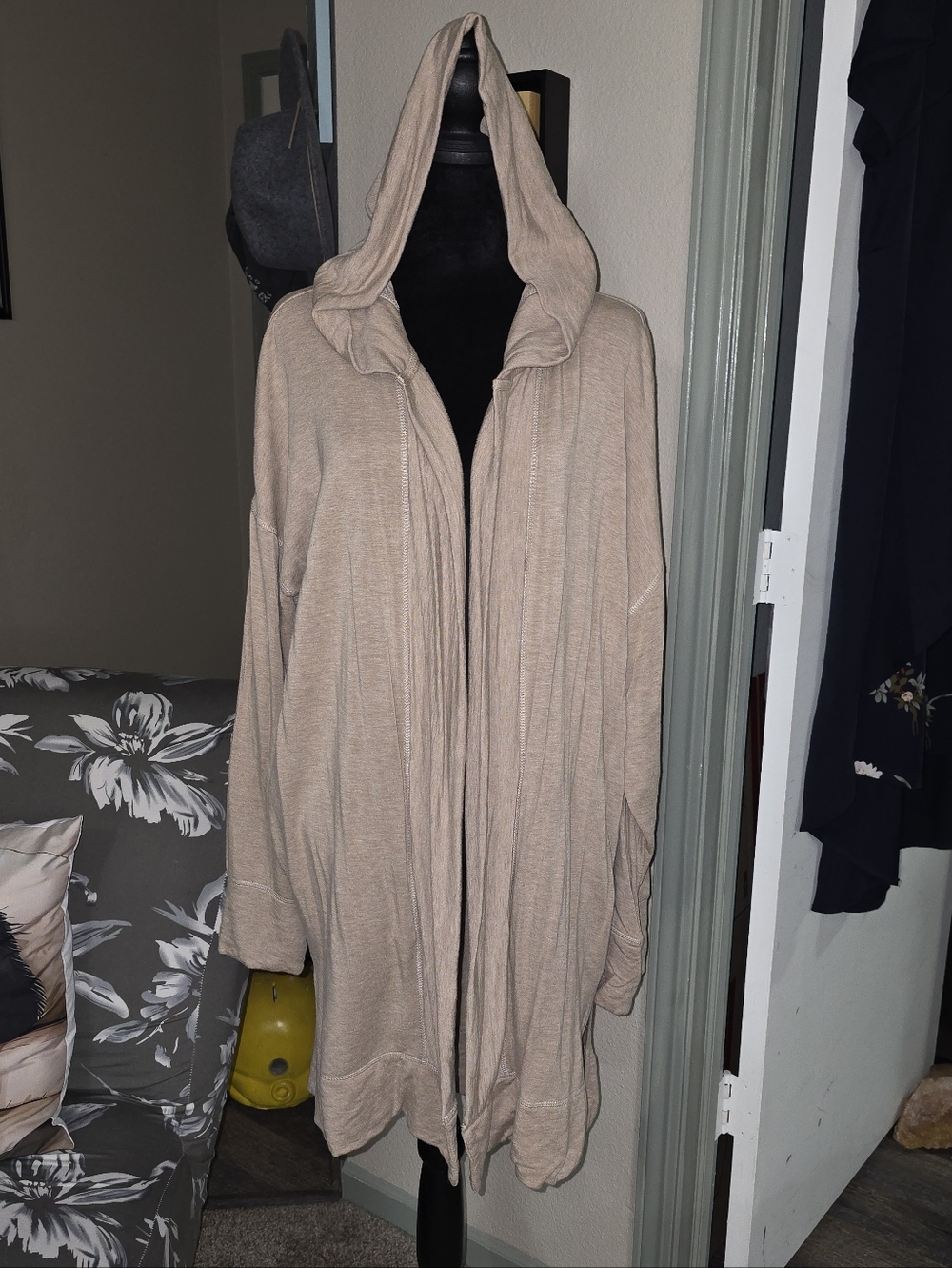 Mono B Taupe Hooded Open-Front Lightweight Draped Jacket